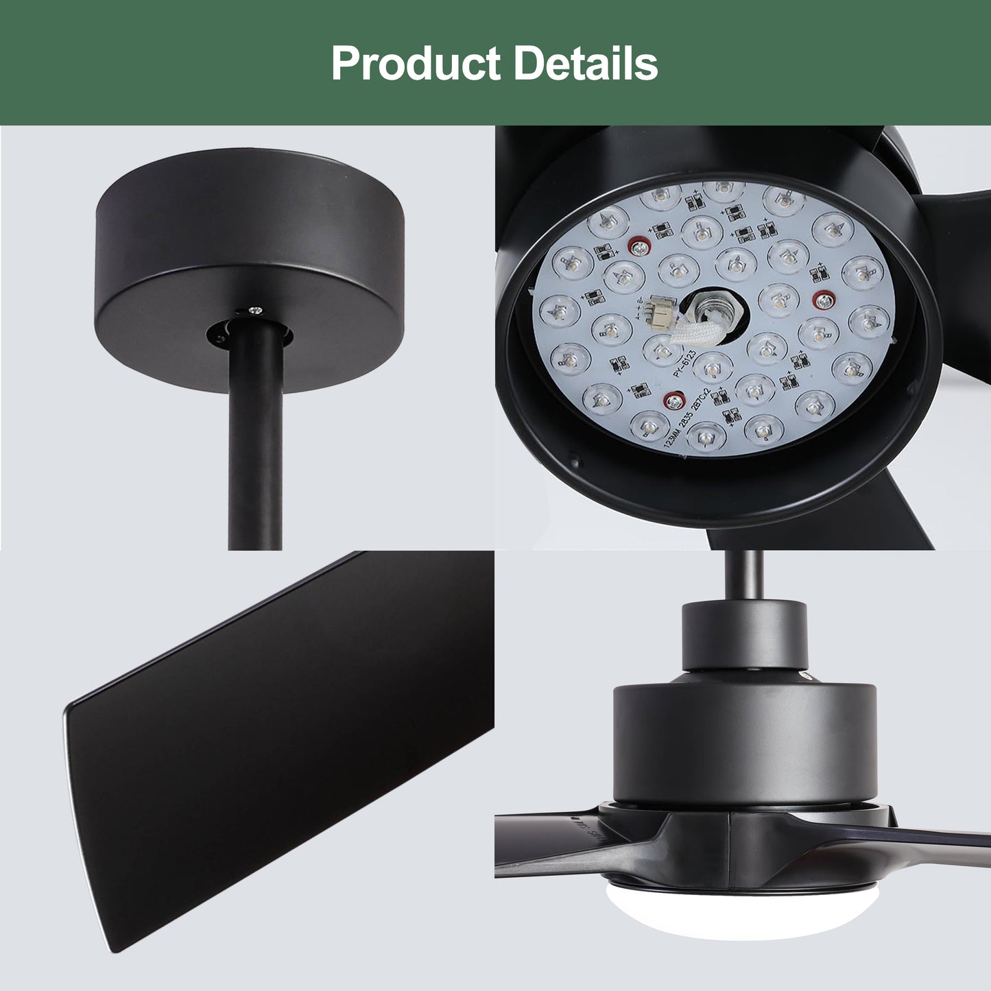 52 Inch Modern Ceiling Fans with Lights, 3 Blades Fan with Remote Control and 6 Speeds Noiseless DC Motor for Indoor Living Room, Bedroom, Kitchen, Outdoor Covered Patios, Black