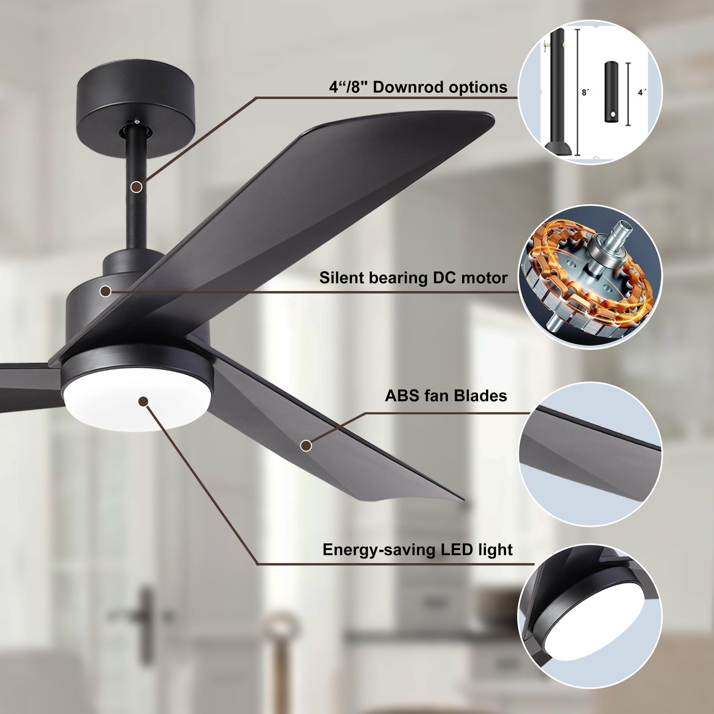 52 inch Ceiling Fan with Light, Modern Dimmable Ceiling Fan with 3 Reversible Blades, Remote Controls, for Indoor/Outdoor Patio Living Room Bedroom, Black