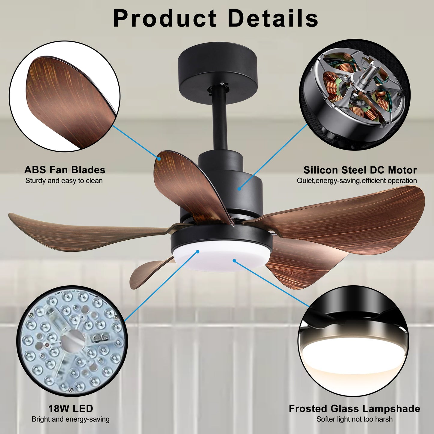 28 lnch Ceiling Fan with Lights Remote Control,Small Ceiling Fan Flush Mount, 5 Reversible Blades, Low Profile Ceiling Fan 6 Speeds 3 Colors for Bedroom Kitchen