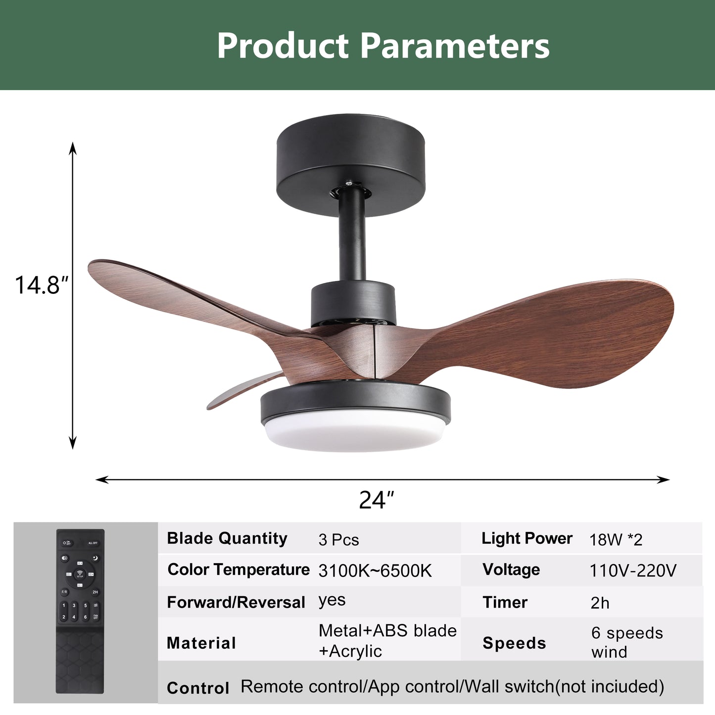 24 lnch Ceiling Fan with Lights Remote Control, Small Ceiling Fan 3 Reversible Blades, Low Profile Ceiling Fan for Kitchen Bedroom Dining Room, 3 Colors, 6 Speeds