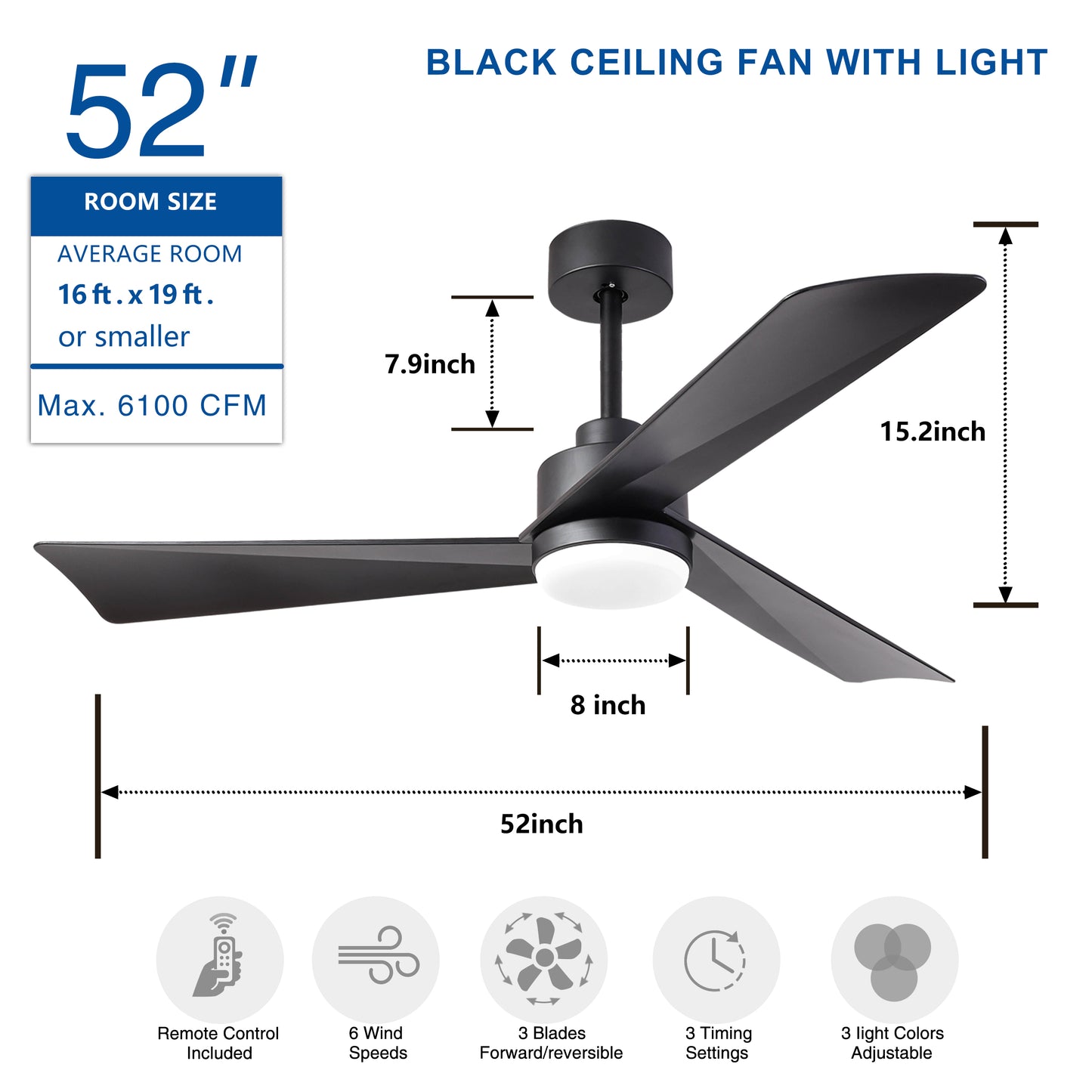 52 inch Ceiling Fan with Light, Modern Dimmable Ceiling Fan with 3 Reversible Blades, Remote Controls, for Indoor/Outdoor Patio Living Room Bedroom, Black
