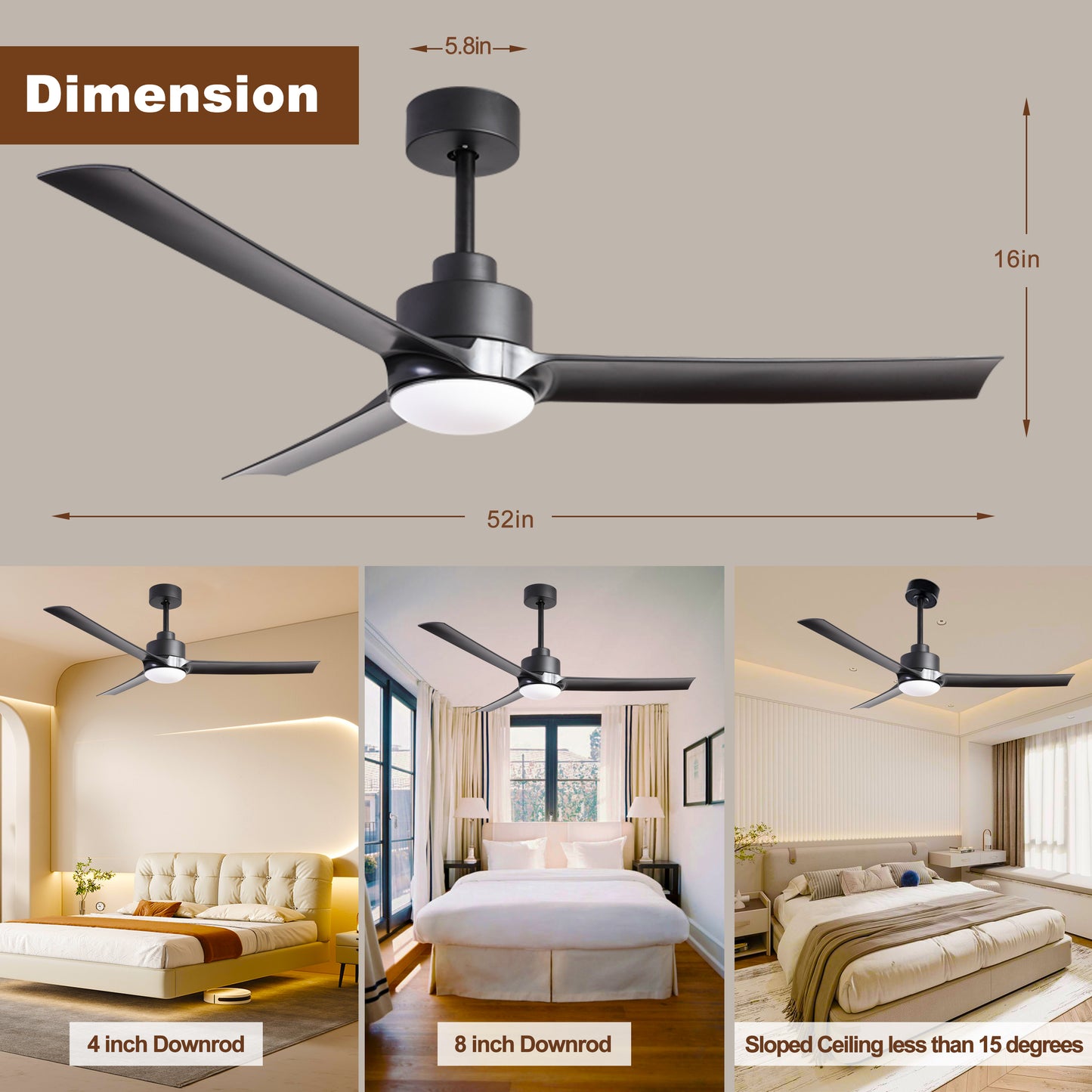 52 Inch Modern Ceiling Fans with Lights, 3 Blades Fan with Remote Control and 6 Speeds Noiseless DC Motor for Indoor Living Room, Bedroom, Kitchen, Outdoor Covered Patios, Black