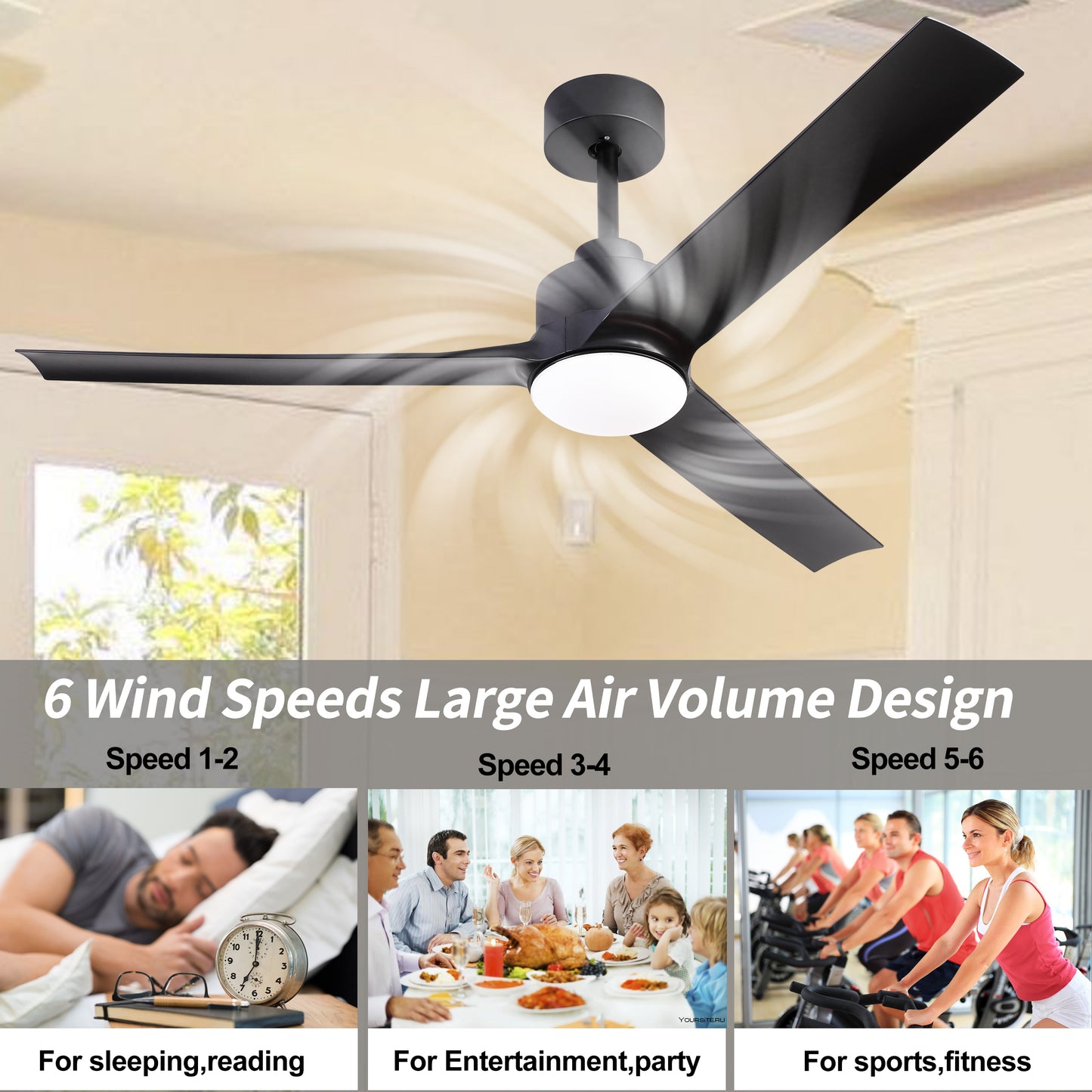 52 Inch Modern Ceiling Fans with Lights, 3 Blades Fan with Remote Control and 6 Speeds Noiseless DC Motor for Indoor Living Room, Bedroom, Kitchen, Outdoor Covered Patios, Black