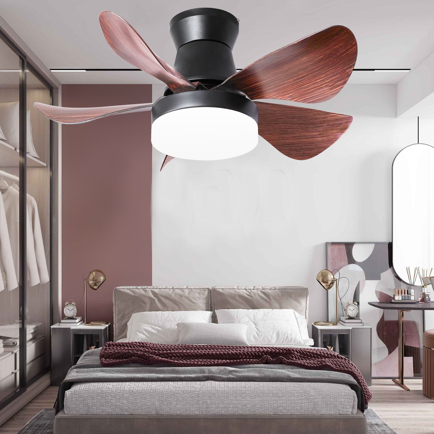 28 Inch Ceiling Fans with Lights and Remote, Modern Indoor Outdoor Ceiling Fans with Light, 5 Blades Ceiling Fan Light with DC Motor for Bedroom