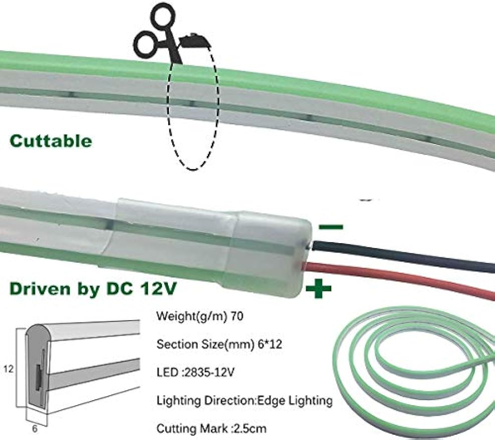 Green LED Neon Light DC12V Waterproof 16.4FT/5Meters