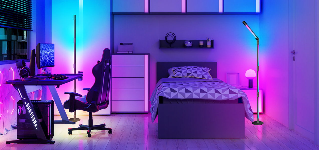 RGB +IC Corner Floor Lamp, 360° Rotating LED Corner Lamp Bluetooth Smart,Music Synchronization Remote/APP Control ,Plug & Play Standing Lamp for Living Room, 16 Million DIY Colors.