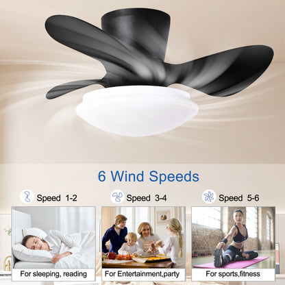 24" Modern Ceiling Fan with Light and Remote,Low Profile Flush Mount Ceiling Fans Indoor,Small Fandelier Ceiling Fans with Dimmable LED Light Fixture for Bedroom Kitchen (Black)