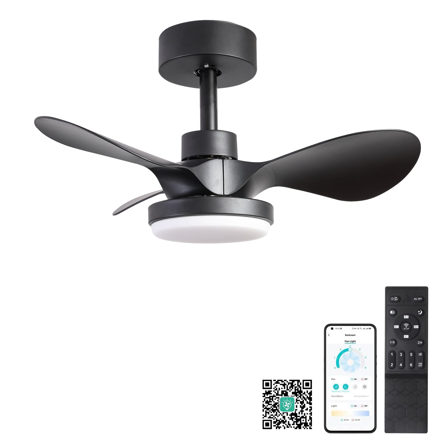 24" Ceiling Fan with Light Flush Mount ,18W Dimmable Small Low Profile Modern 6-Speeds Quiet Reversible Timer with 3 Blades Remote Ceiling Fan for Bedroom,Kitchen