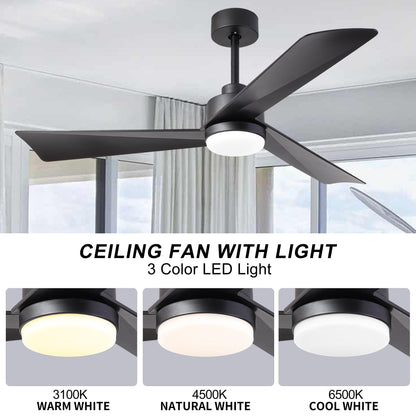 52 inch Ceiling Fan with Light, Modern Dimmable Ceiling Fan with 3 Reversible Blades, Remote Controls, for Indoor/Outdoor Patio Living Room Bedroom, Black