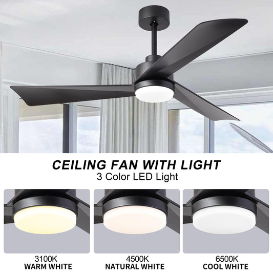 52 inch Ceiling Fan with Light, Modern Dimmable Ceiling Fan with 3 Reversible Blades, Remote Controls, for Indoor/Outdoor Patio Living Room Bedroom, Black