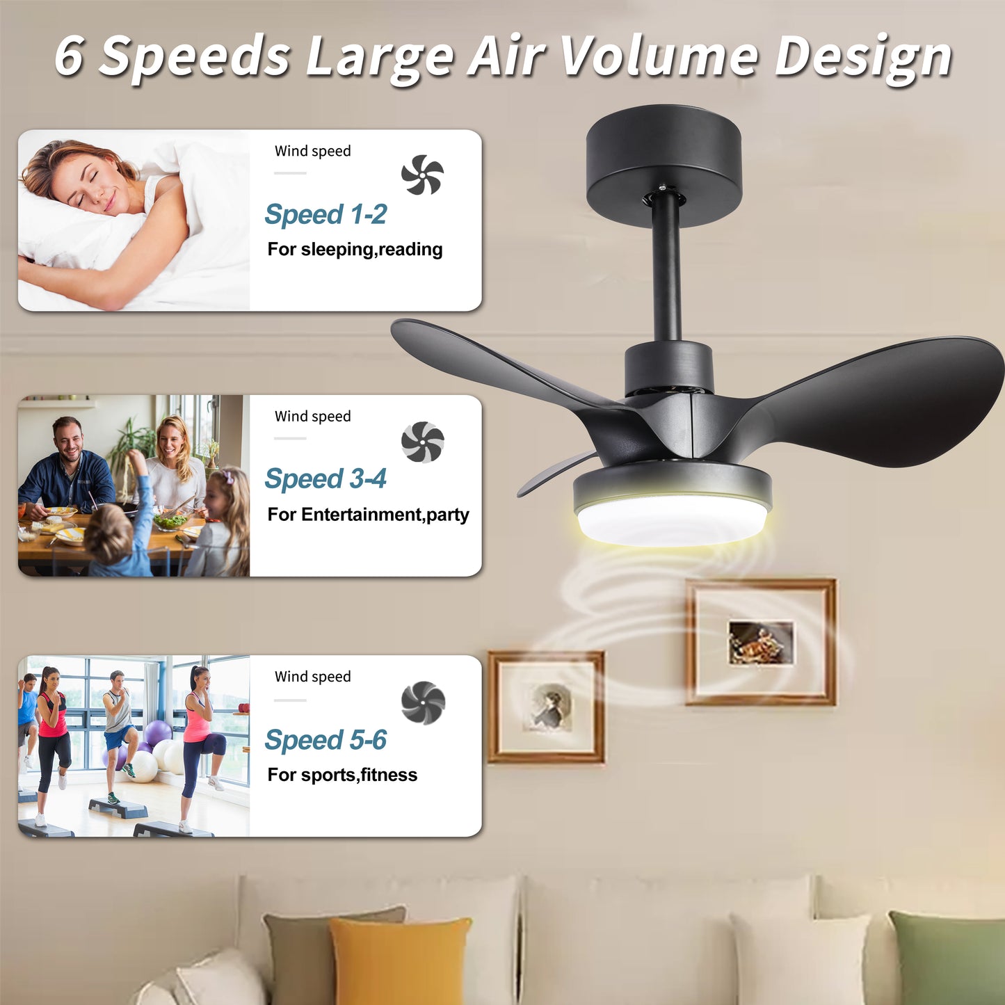 24" Ceiling Fan with Light Flush Mount ,18W Dimmable Small Low Profile Modern 6-Speeds Quiet Reversible Timer with 3 Blades Remote Ceiling Fan for Bedroom,Kitchen