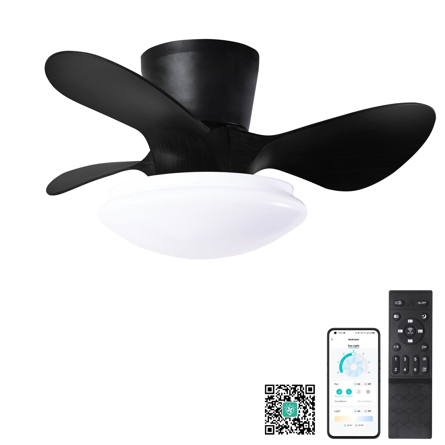 24" Modern Ceiling Fan with Light and Remote,Low Profile Flush Mount Ceiling Fans Indoor,Small Fandelier Ceiling Fans with Dimmable LED Light Fixture for Bedroom Kitchen (Black)