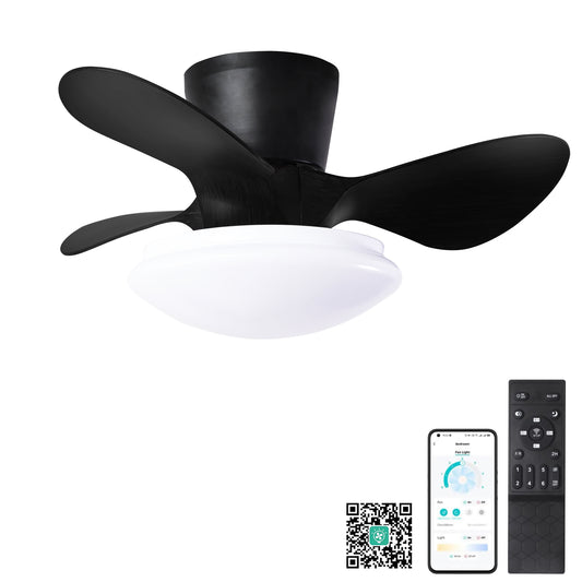 24" Modern Ceiling Fan with Light and Remote,Low Profile Flush Mount Ceiling Fans Indoor,Small Fandelier Ceiling Fans with Dimmable LED Light Fixture for Bedroom Kitchen (Black)