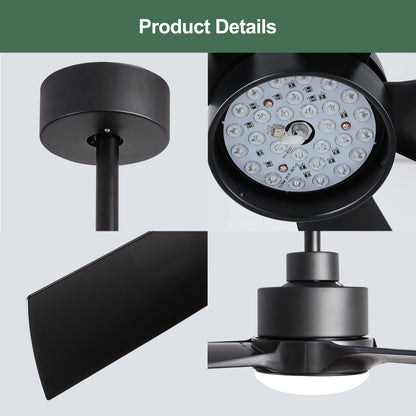 52 Inch Modern Ceiling Fans with Lights, 3 Blades Fan with Remote Control and 6 Speeds Noiseless DC Motor for Indoor Living Room, Bedroom, Kitchen, Outdoor Covered Patios, Black
