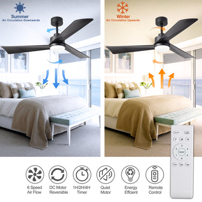 52 inch Ceiling Fan with Light, Modern Dimmable Ceiling Fan with 3 Reversible Blades, Remote Controls, for Indoor/Outdoor Patio Living Room Bedroom, Black