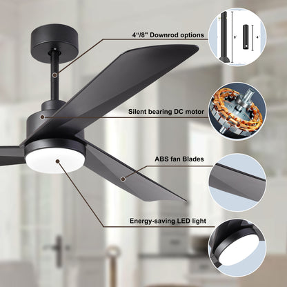 52 inch Ceiling Fan with Light, Modern Dimmable Ceiling Fan with 3 Reversible Blades, Remote Controls, for Indoor/Outdoor Patio Living Room Bedroom, Black