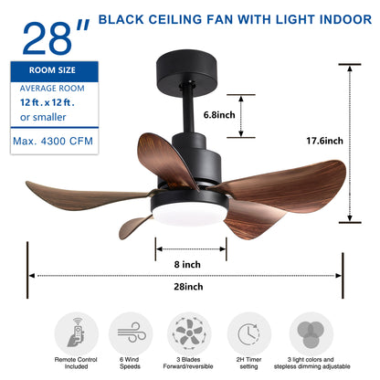 28 lnch Ceiling Fan with Lights Remote Control,Small Ceiling Fan Flush Mount, 5 Reversible Blades, Low Profile Ceiling Fan 6 Speeds 3 Colors for Bedroom Kitchen