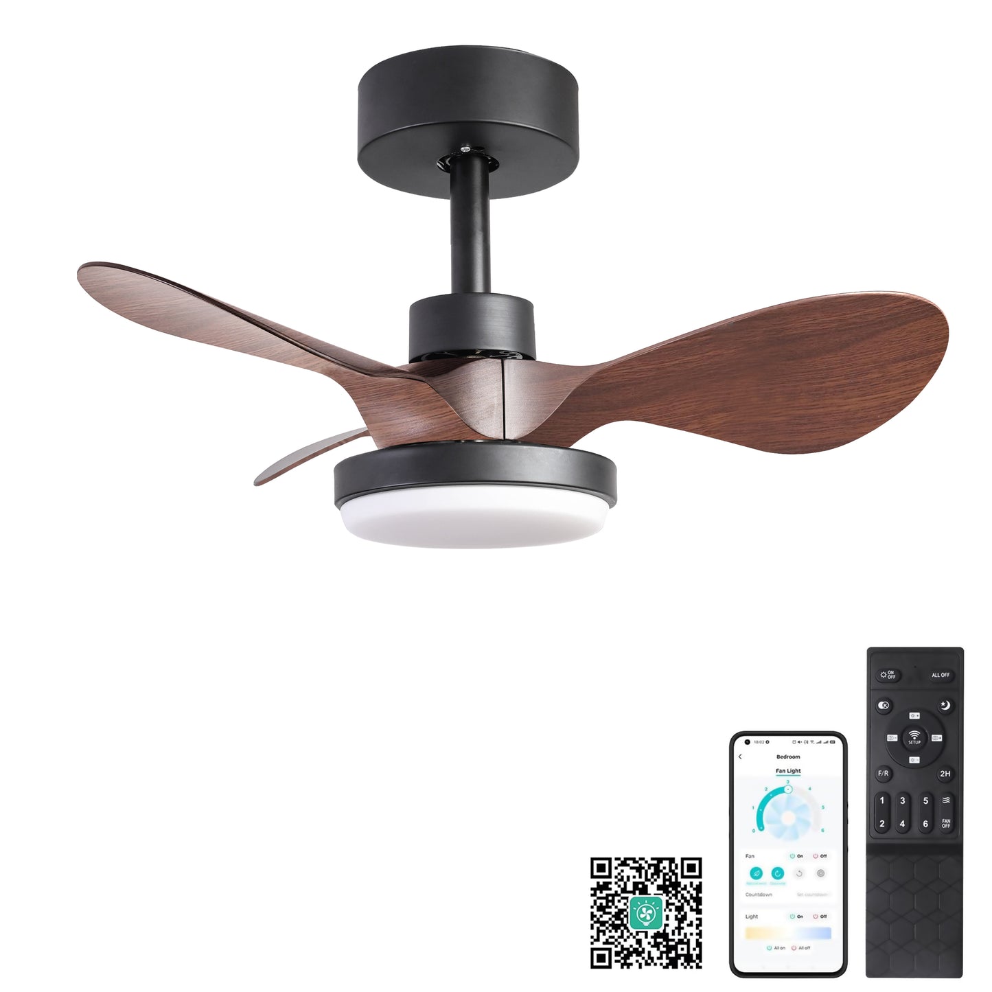 24 lnch Ceiling Fan with Lights Remote Control, Small Ceiling Fan 3 Reversible Blades, Low Profile Ceiling Fan for Kitchen Bedroom Dining Room, 3 Colors, 6 Speeds