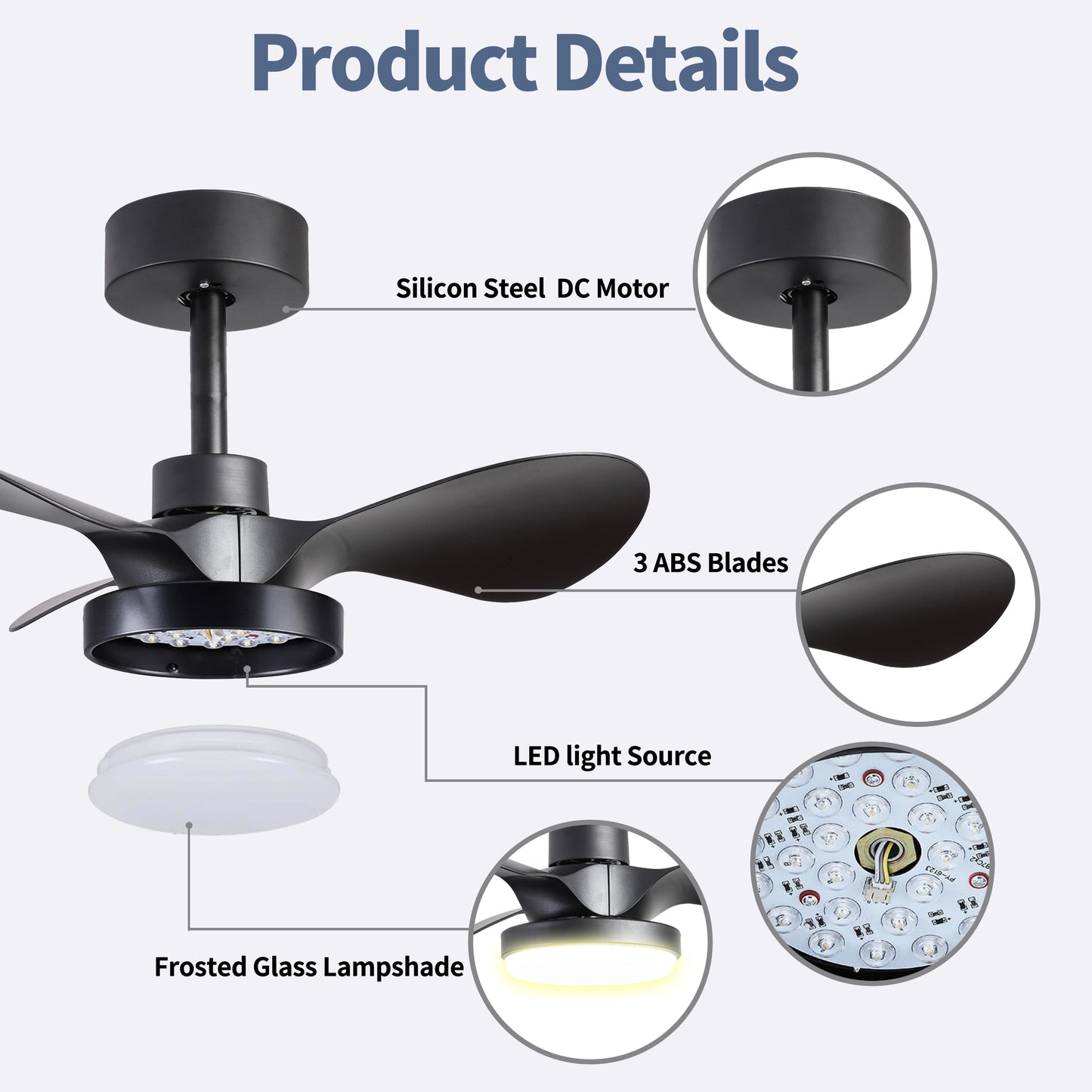 24" Ceiling Fan with Light Flush Mount ,18W Dimmable Small Low Profile Modern 6-Speeds Quiet Reversible Timer with 3 Blades Remote Ceiling Fan for Bedroom,Kitchen