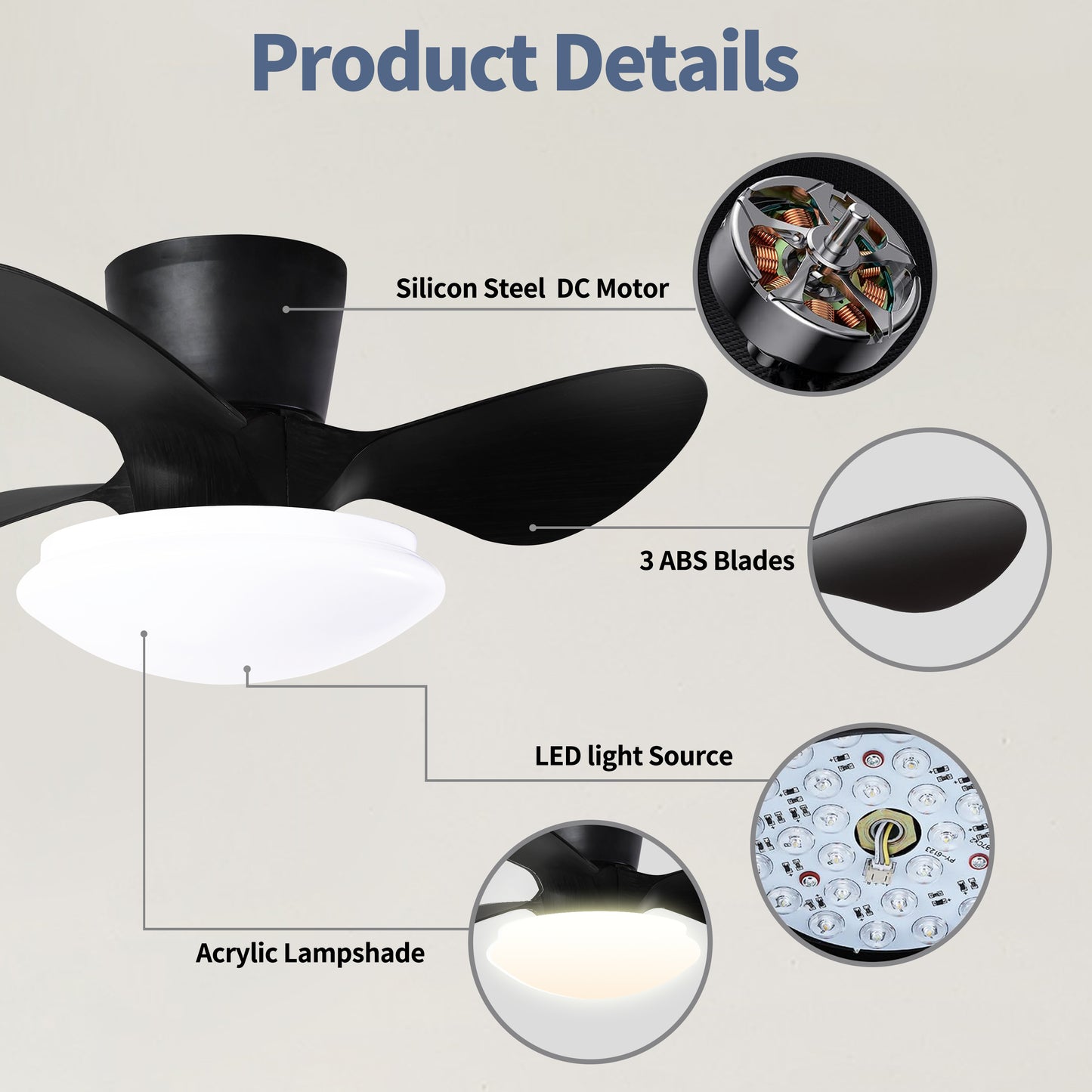 24" Modern Ceiling Fan with Light and Remote,Low Profile Flush Mount Ceiling Fans Indoor,Small Fandelier Ceiling Fans with Dimmable LED Light Fixture for Bedroom Kitchen (Black)