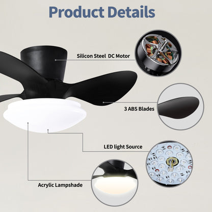 24" Modern Ceiling Fan with Light and Remote,Low Profile Flush Mount Ceiling Fans Indoor,Small Fandelier Ceiling Fans with Dimmable LED Light Fixture for Bedroom Kitchen (Black)