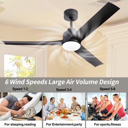 52 Inch Modern Ceiling Fans with Lights, 3 Blades Fan with Remote Control and 6 Speeds Noiseless DC Motor for Indoor Living Room, Bedroom, Kitchen, Outdoor Covered Patios, Black