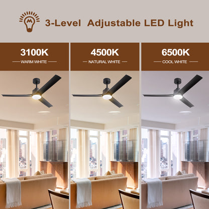 52 Inch Modern Ceiling Fans with Lights, 3 Blades Fan with Remote Control and 6 Speeds Noiseless DC Motor for Indoor Living Room, Bedroom, Kitchen, Outdoor Covered Patios, Black