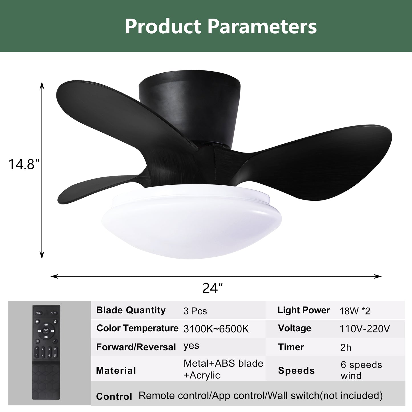 24" Modern Ceiling Fan with Light and Remote,Low Profile Flush Mount Ceiling Fans Indoor,Small Fandelier Ceiling Fans with Dimmable LED Light Fixture for Bedroom Kitchen (Black)
