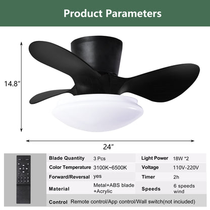 24" Modern Ceiling Fan with Light and Remote,Low Profile Flush Mount Ceiling Fans Indoor,Small Fandelier Ceiling Fans with Dimmable LED Light Fixture for Bedroom Kitchen (Black)