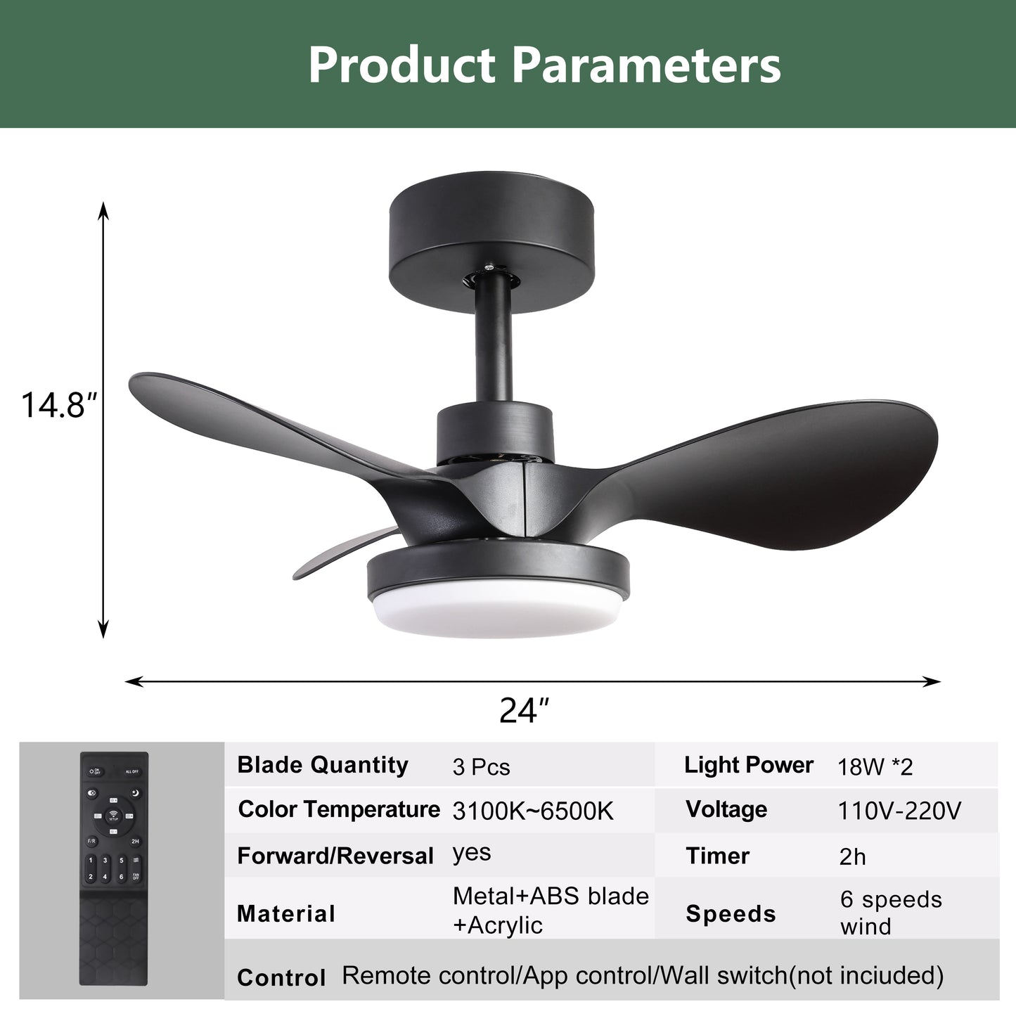 24" Ceiling Fan with Light Flush Mount ,18W Dimmable Small Low Profile Modern 6-Speeds Quiet Reversible Timer with 3 Blades Remote Ceiling Fan for Bedroom,Kitchen