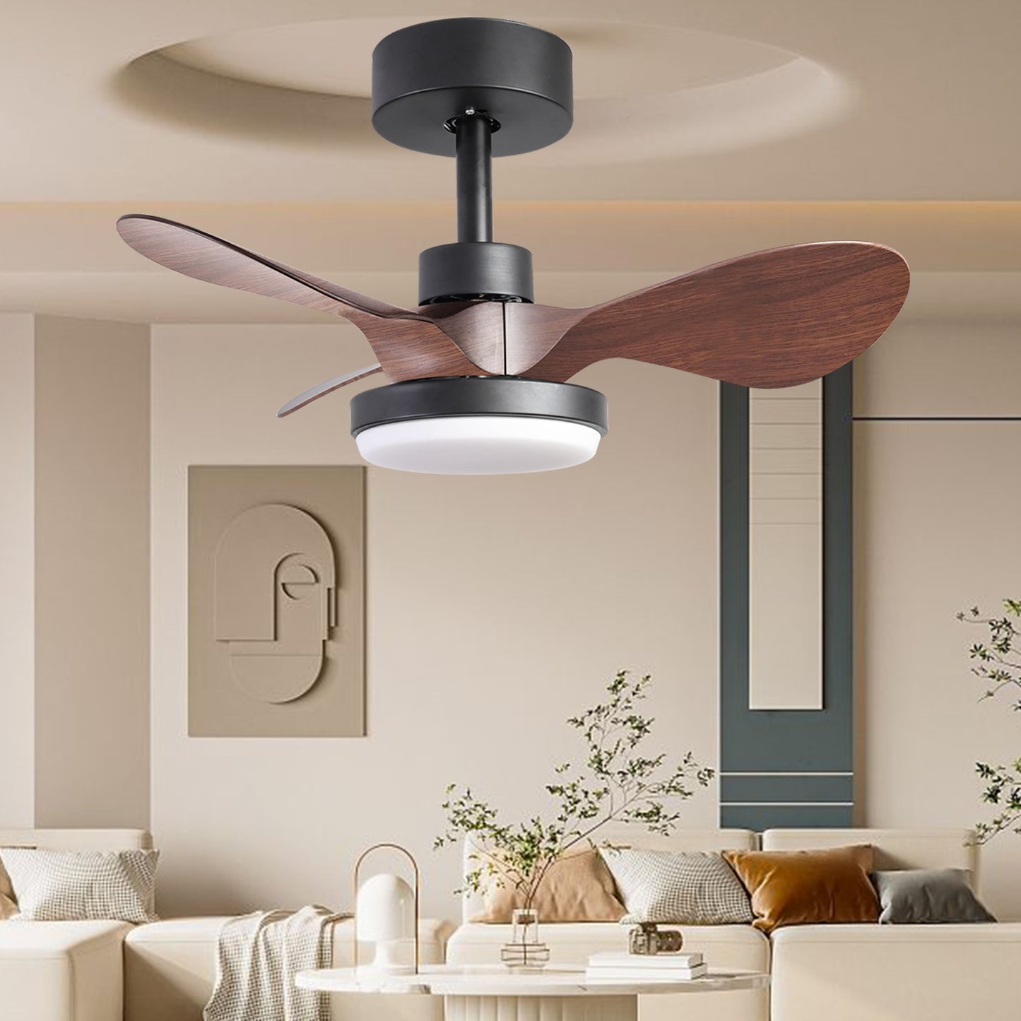 24 lnch Ceiling Fan with Lights Remote Control, Small Ceiling Fan 3 Reversible Blades, Low Profile Ceiling Fan for Kitchen Bedroom Dining Room, 3 Colors, 6 Speeds