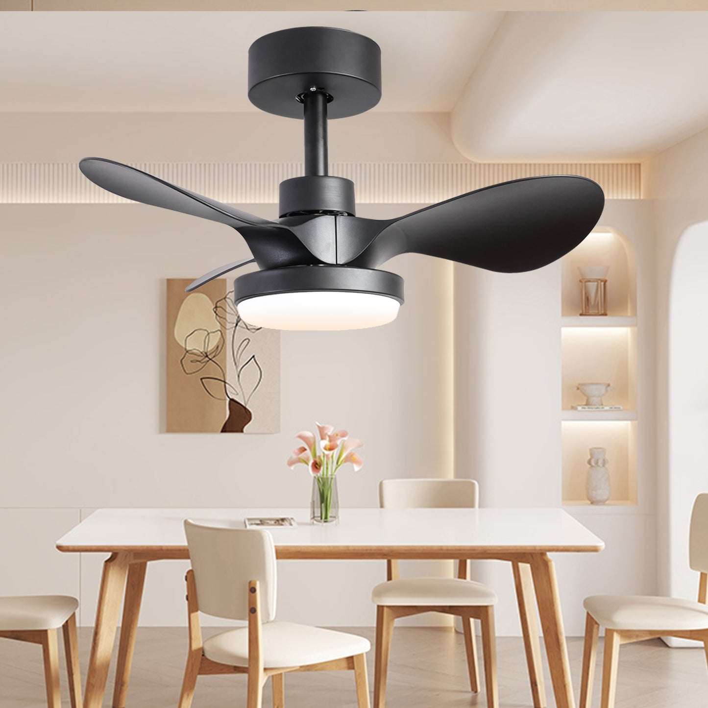 24" Ceiling Fan with Light Flush Mount ,18W Dimmable Small Low Profile Modern 6-Speeds Quiet Reversible Timer with 3 Blades Remote Ceiling Fan for Bedroom,Kitchen